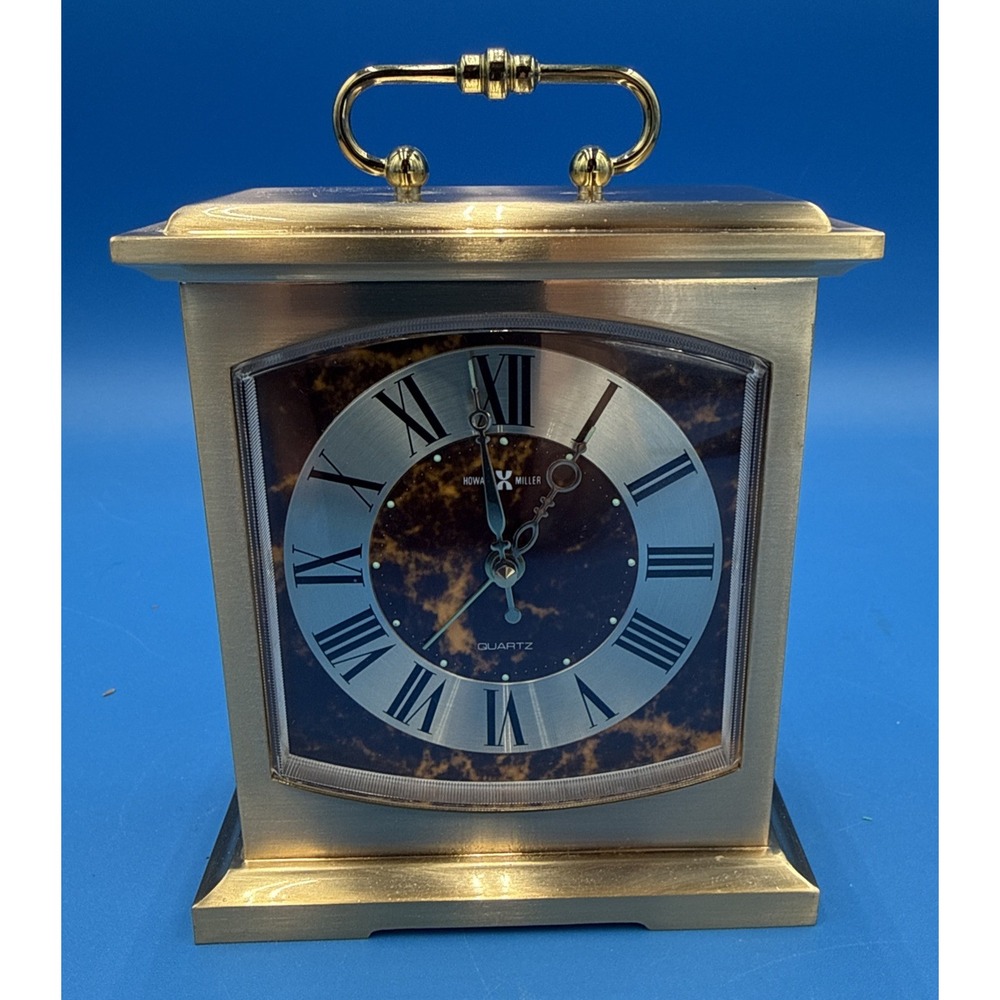 Vintage Howard Miller Brass Quartz Alarm Clock 4RE603 Mantle Tabletop Style
